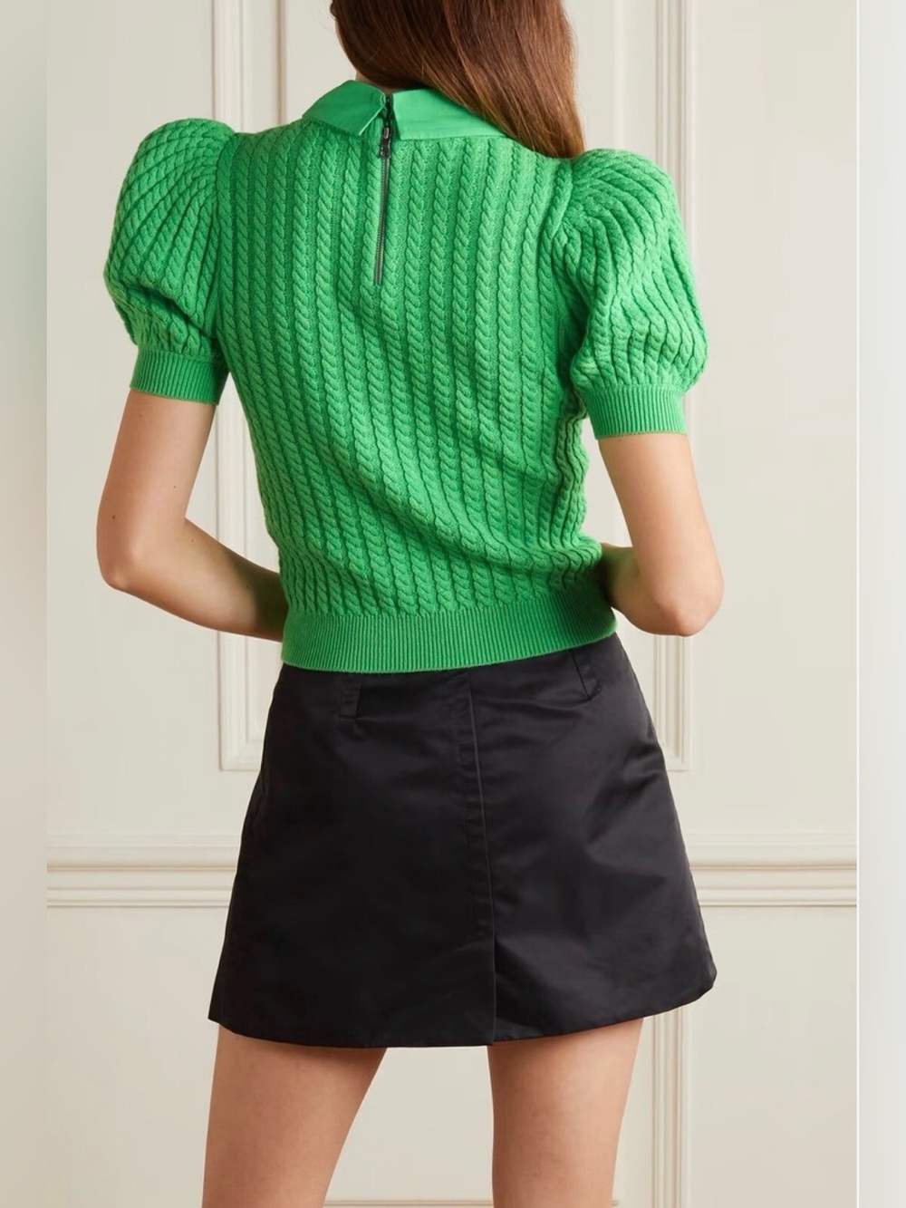 Brand NWOT Alice + Olivia Chase Cable Knit Puff Sleeve Sweater In Green. Size S - Picture 5 of 16